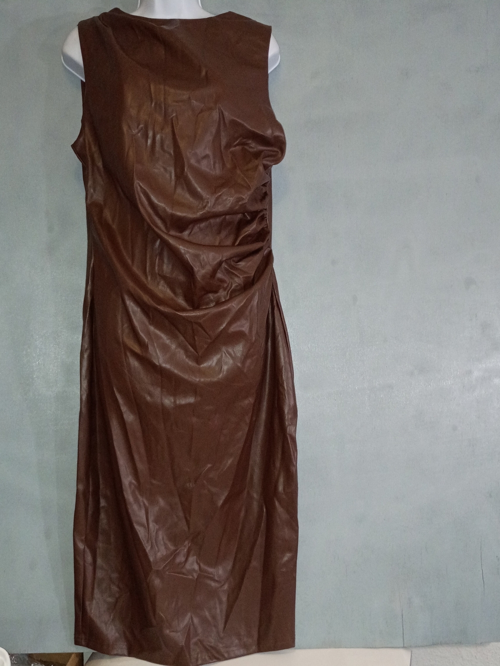 SHEIN Brown Sleeveless Faux Leather Midi Dress